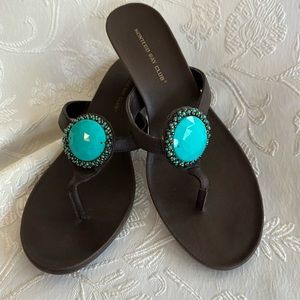 Montego Bay Mini Wedge Brown Sandal with Turquoise Accent. Never Worn. 9.5
